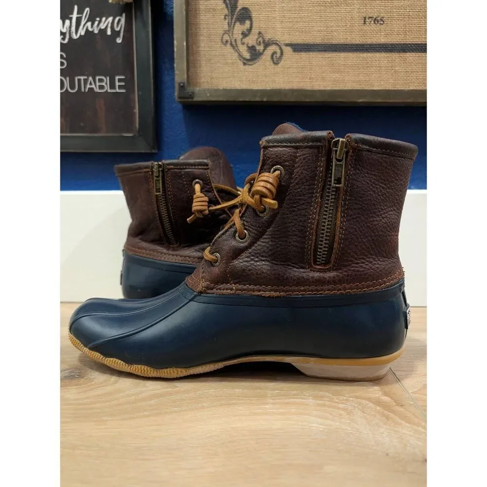 Sperry Duck Boots Women’s 9 Brown Leather & Navy Rubber Waterproof Rain Boots EU